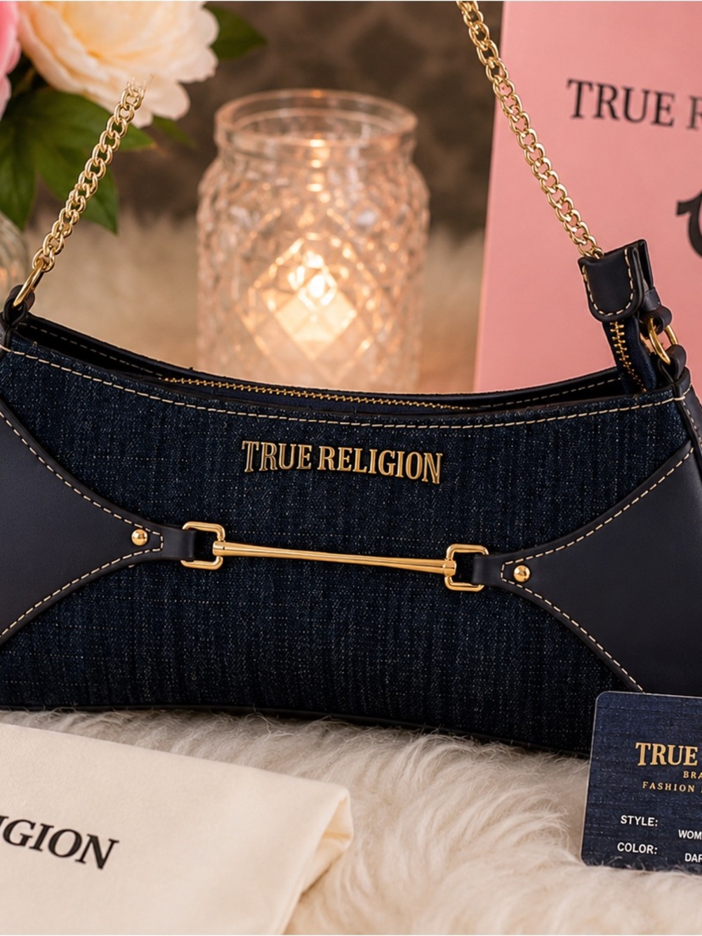 True Religion Dark Denim Shoulder Bag with Gold Hardware